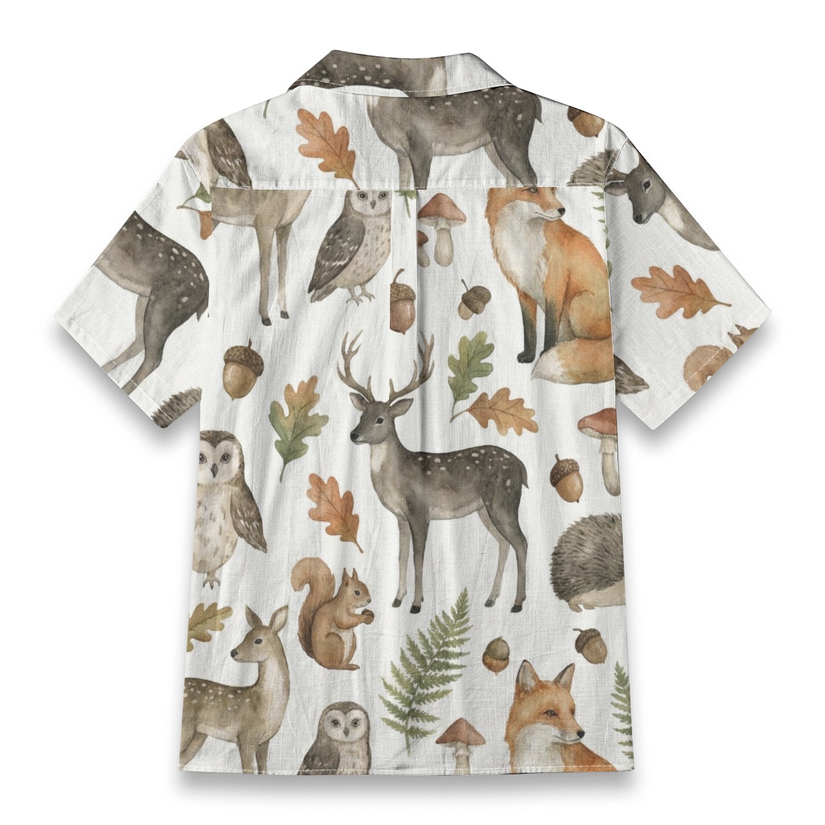 Woodland Autumn Animal Shirt – Forest Wildlife Watercolor Hawaiian Shirt back view