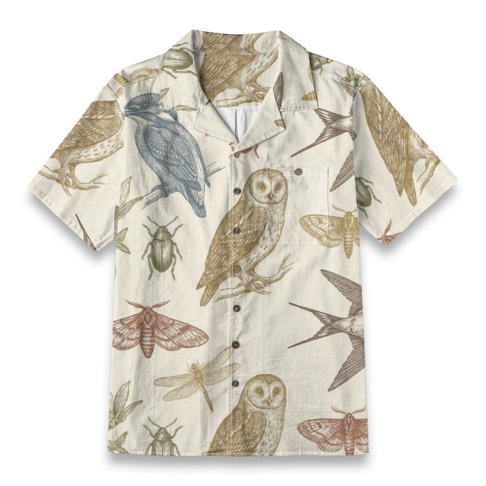 Vintage Natural History Shirt – Botanical Bird & Insect Illustration Hawaiian Shirt