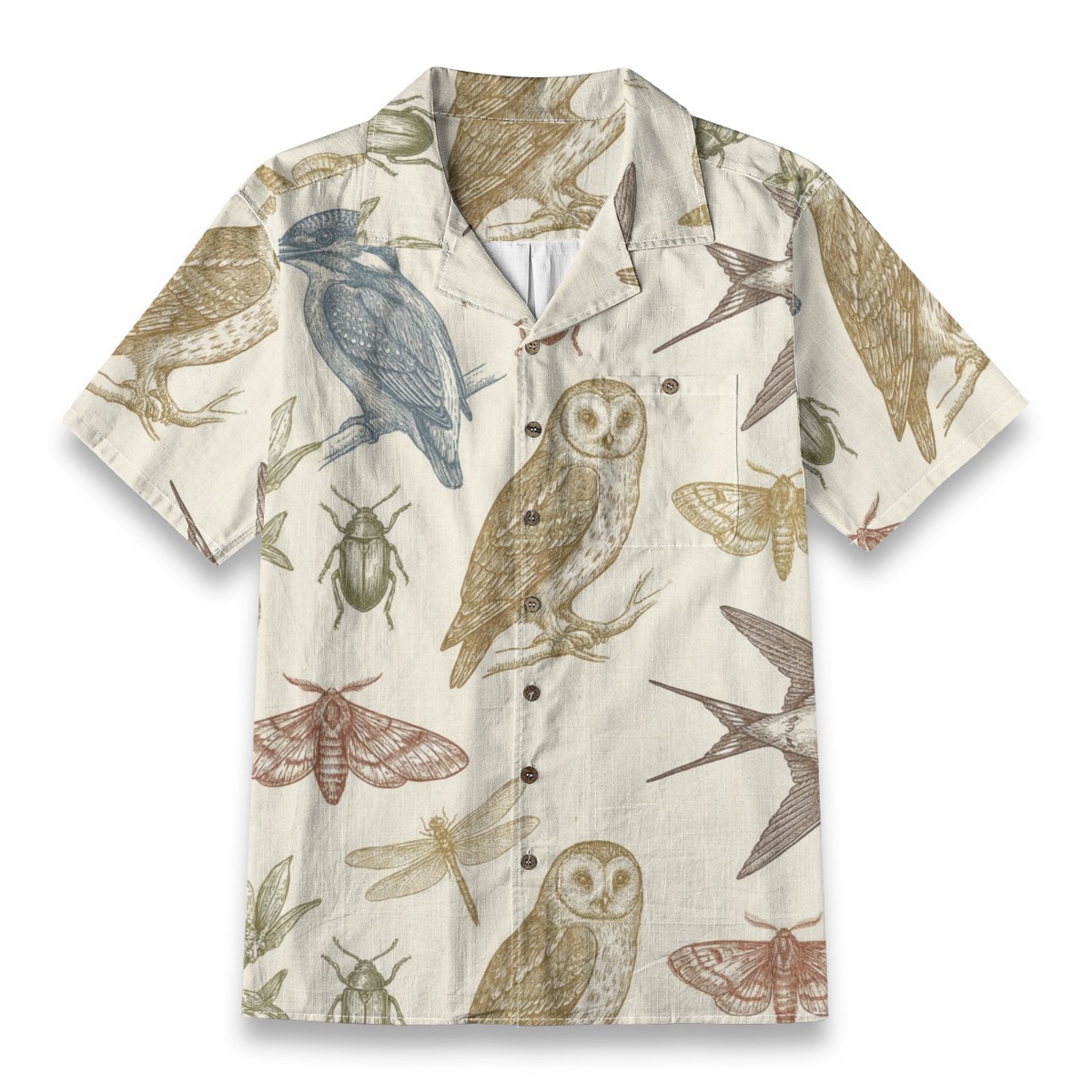 Vintage Natural History Shirt – Botanical Bird & Insect Illustration Hawaiian Shirt