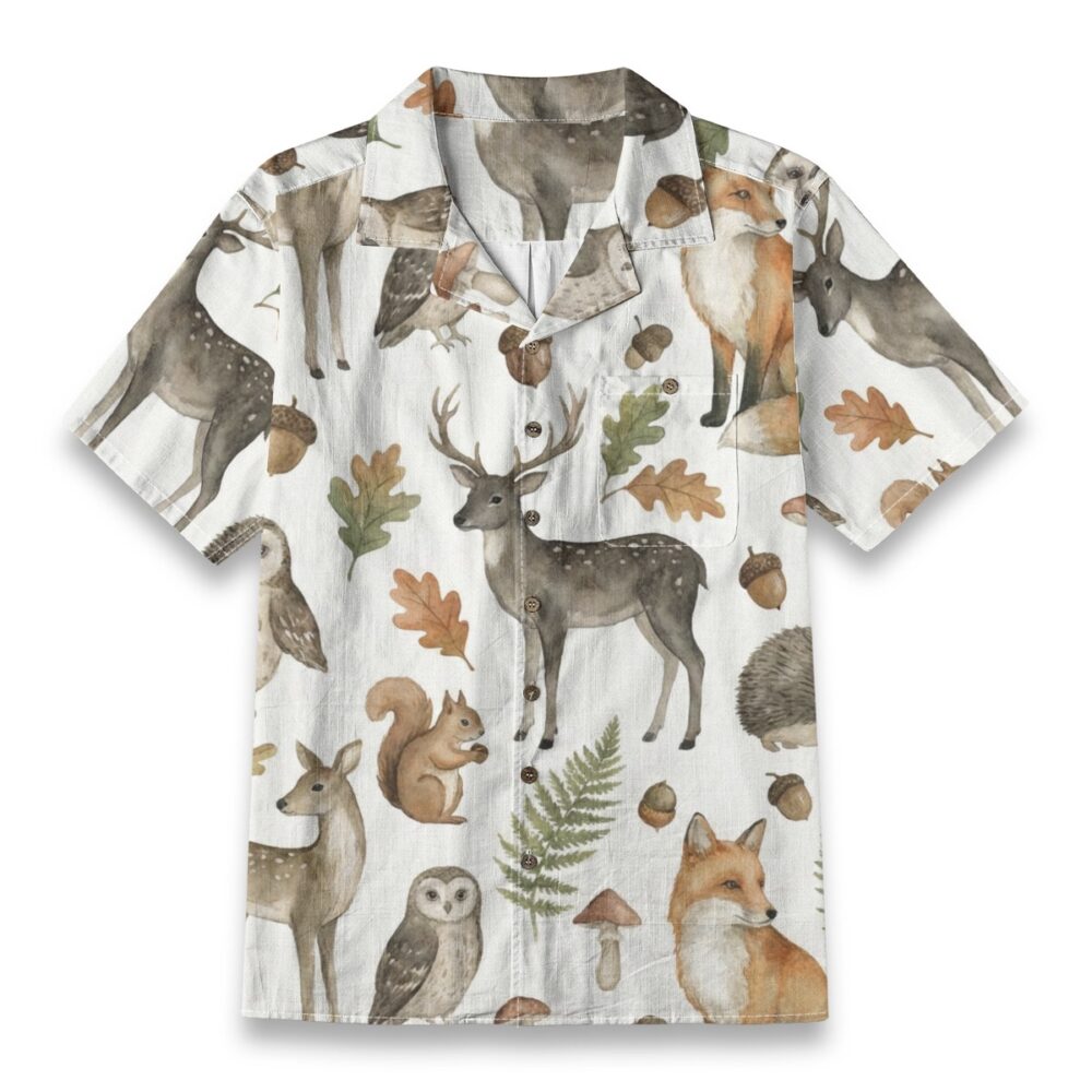Woodland Autumn Animal Shirt – Forest Wildlife Watercolor Hawaiian Shirt