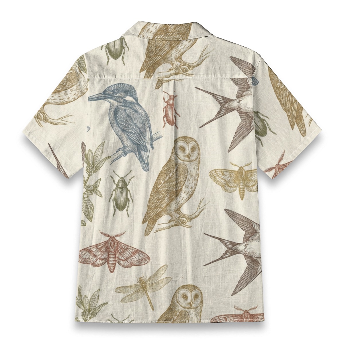 Vintage Natural History Shirt – Botanical Bird & Insect Illustration Hawaiian Shirt back view
