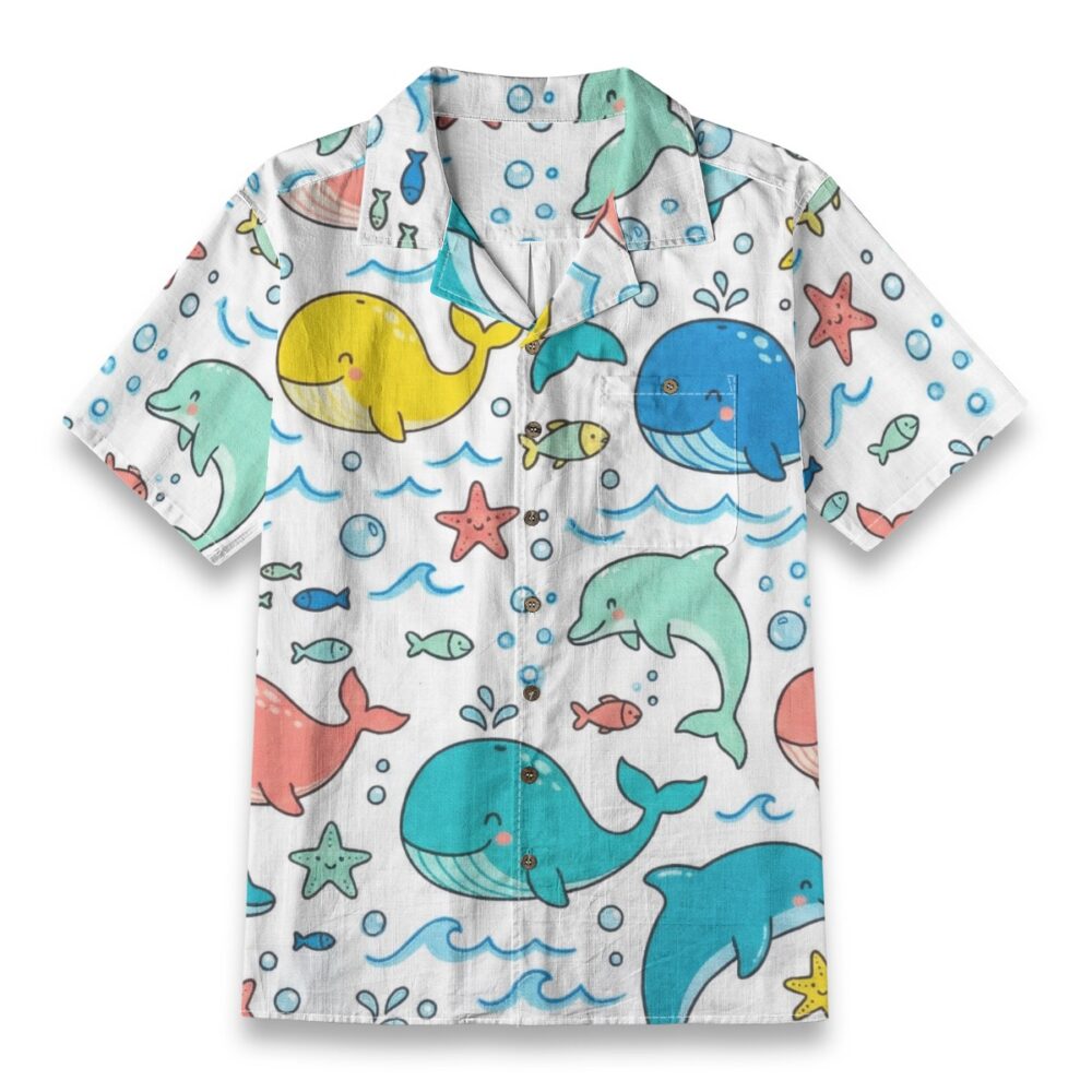 Cute Whale & Dolphin Cartoon Ocean Shirt – Sea Hawaiian Shirt