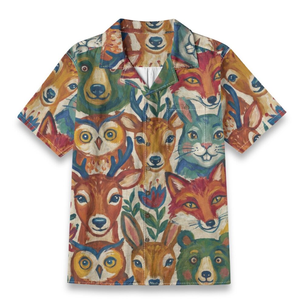Whimsical Woodland Animal Shirt – Colorful Folk Art Forest Hawaiian Shirt
