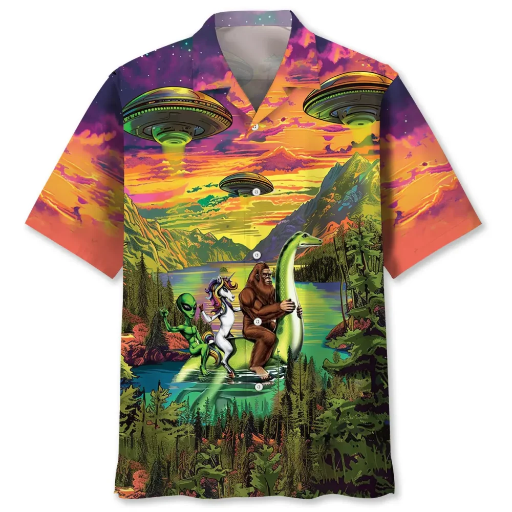Bigfoot Alien Riding Nessie Hawaiian Shirt BS2763643 - Been Store